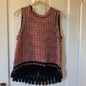 Pink, red, white and black stitched blouse with fringe on bottom